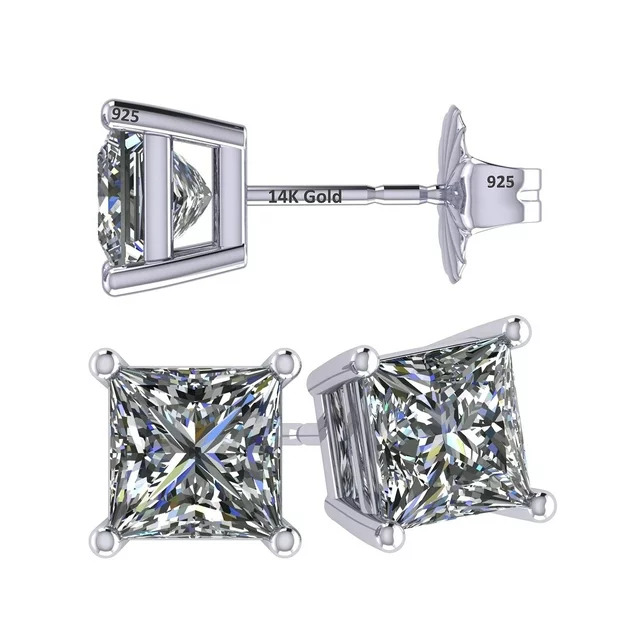  "Radiate Glamour: Central Diamond Center 14K Gold Posts Princess Cut CZ Stud Earrings"